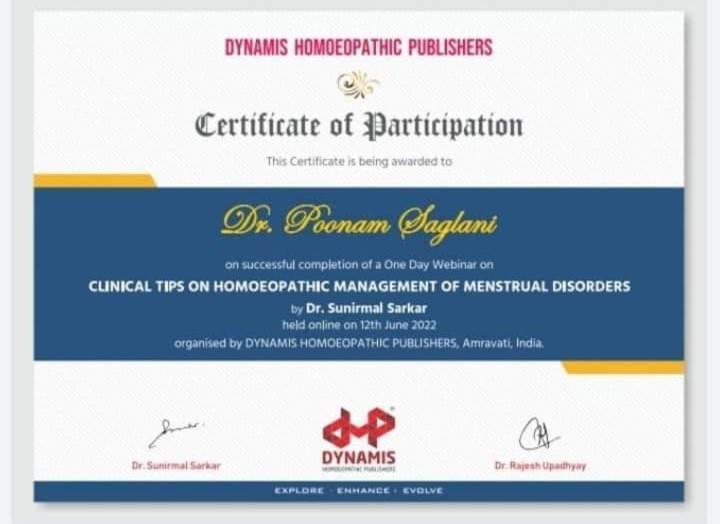 Homeopath certificate of Dr. Poonam homeopathy homeopathic clinic In Balewadi Baner 