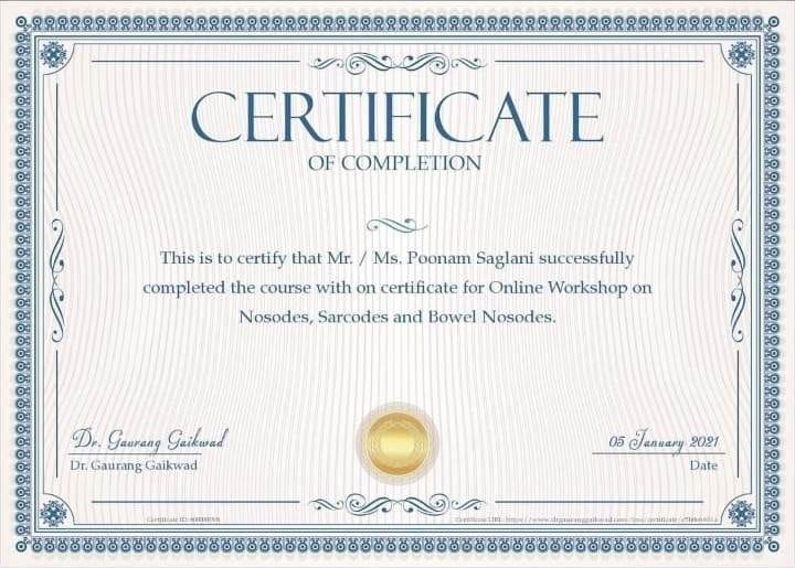 Homeopath certificate of Dr. Poonam homeopathy homeopathic clinic In Balewadi Baner 