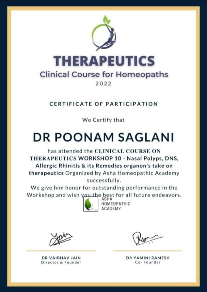 Homeopathy cerificate Dr poonam homeopathy homeopathic clinic In Balewadi Baner